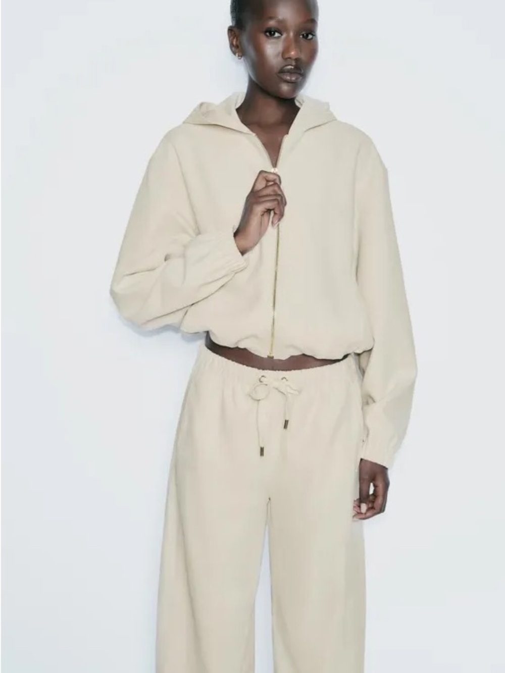 Zara Cream Zip Hoodie and Wide Leg pant Set